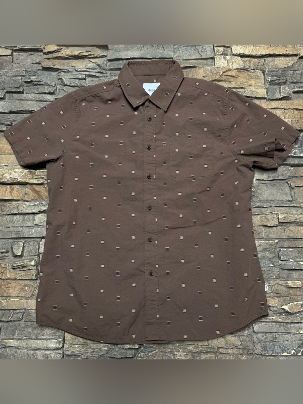 Katin All Over Print Button Shirt Mens Large Brown Short Sleeve City Cotton
